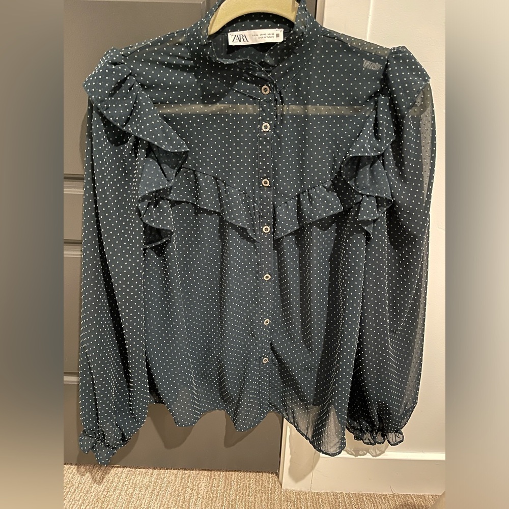 Zara Forest Green Sheer Ruffle Velvet Dot Blouse Button Up Gently Worn Size XL
